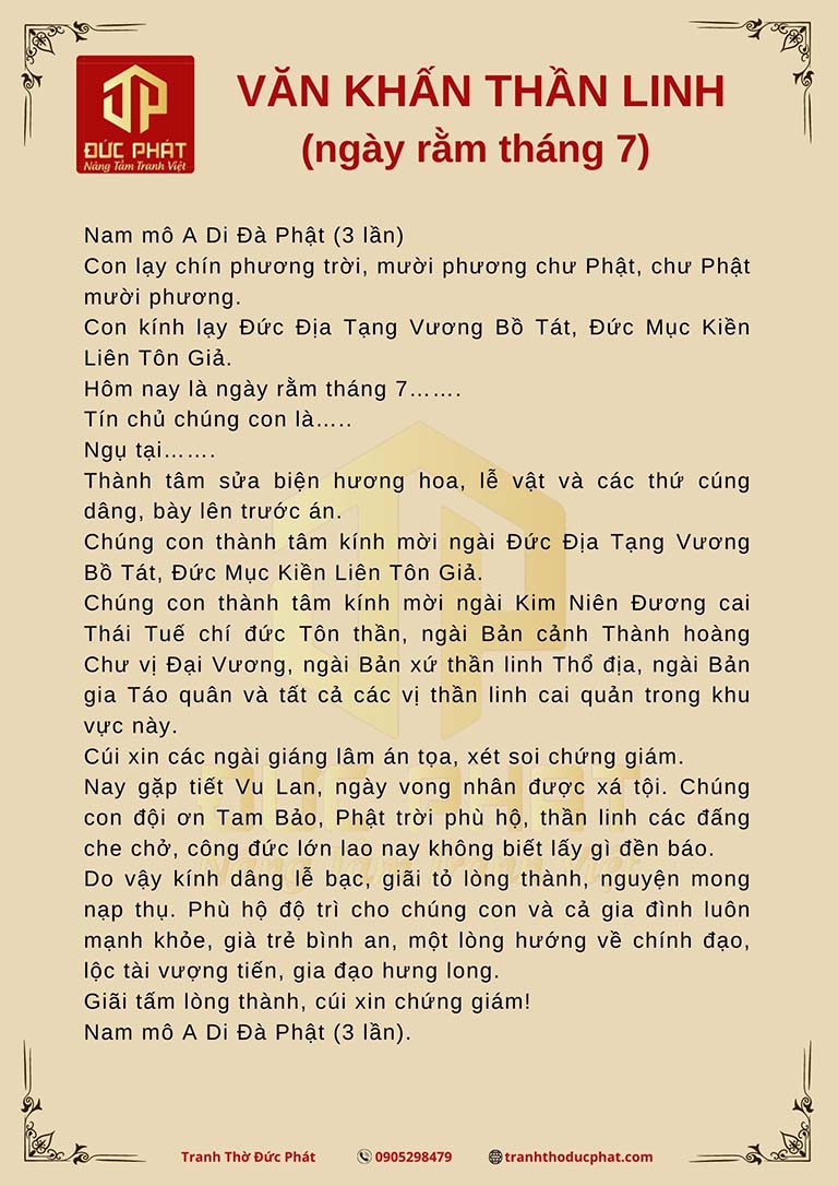 Văn khấn rằm tháng 7 chuẩn